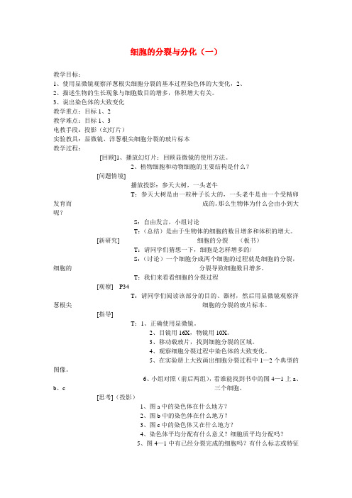 七年级生物上册 细胞的分裂与分化教案 北师大版