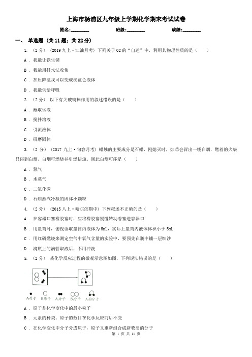 上海市杨浦区九年级上学期化学期末考试试卷