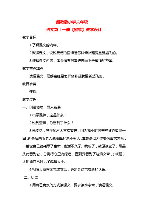 湘教版小学六年级语文第十一册《蜜蜂》教学设计