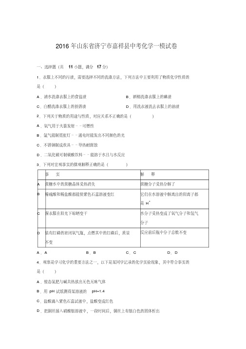 山东省济宁市嘉祥县2016届中考化学一模试卷(解析版)
