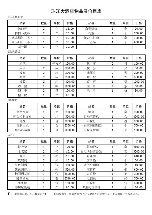 客房物品及价目表