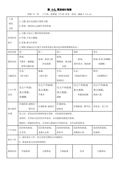 [幼儿教师]《走进纸王国》第十九周周计划