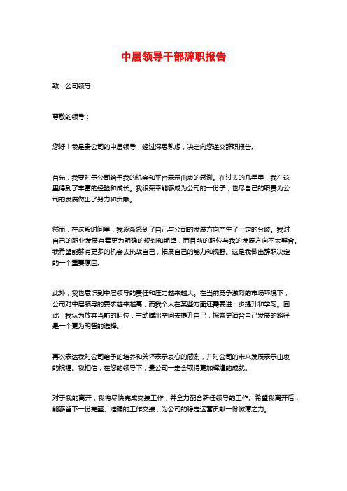 中层领导干部辞职报告 (2)