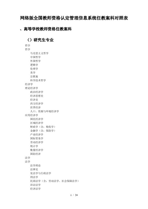 网络版全国教师资格认定管理信息系统任教学科对照表