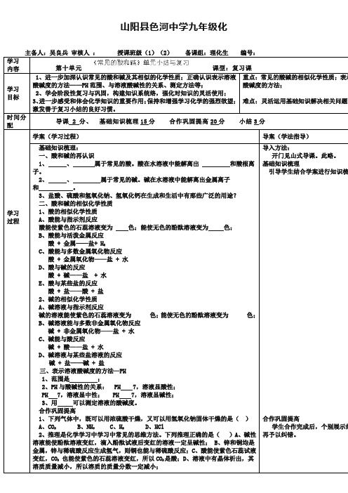 陕西省山阳县色河中学化学人教版九年级下册：化学导学案第十单元小结复习