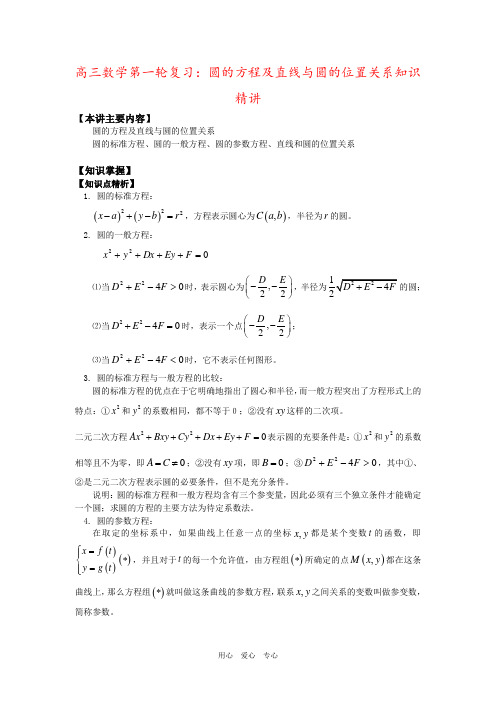 高三数学第一轮复习：圆的方程及直线与圆的位置关系知识精讲