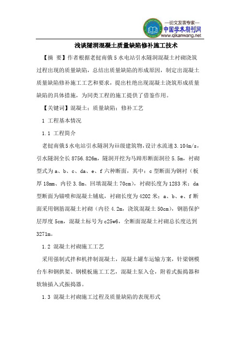浅谈隧洞混凝土质量缺陷修补施工技术