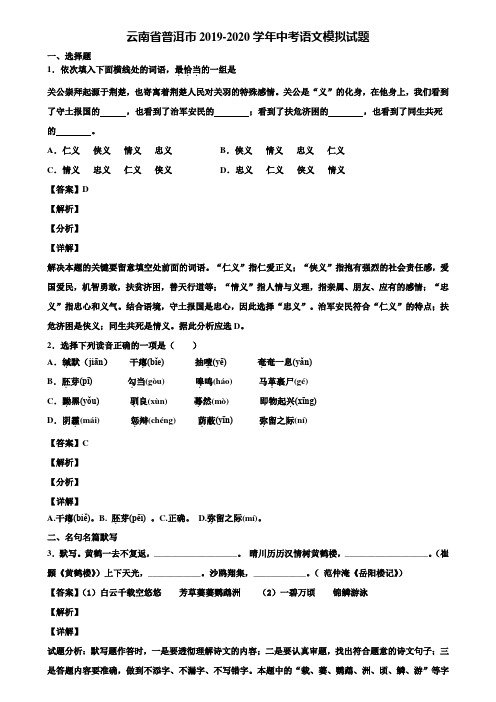 云南省普洱市2019-2020学年中考语文模拟试题含解析