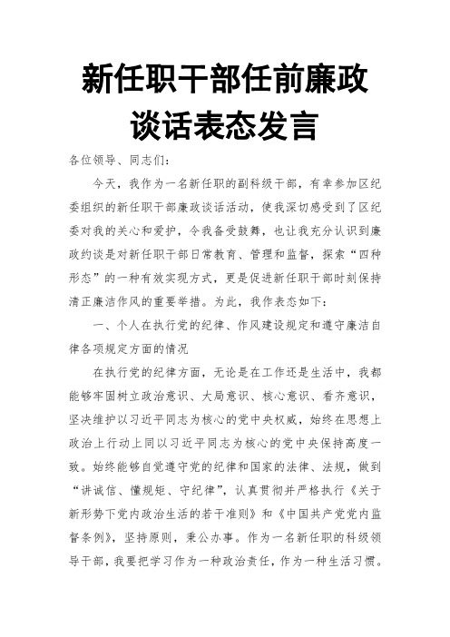 新任职干部任前廉政谈话表态发言