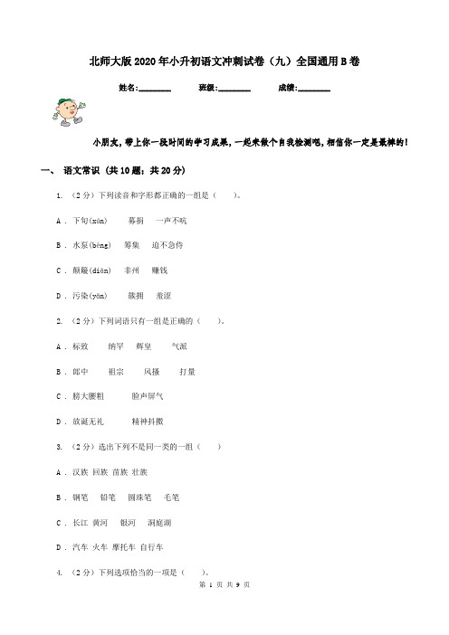 北师大版2020年小升初语文冲刺试卷(九)全国通用B卷