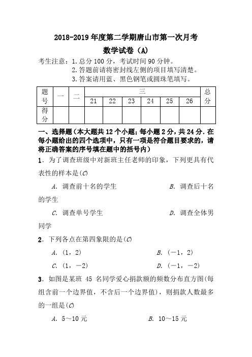 2018-2019年度第二学期唐山市第一次月考数学试卷(A)(Word版有答案)