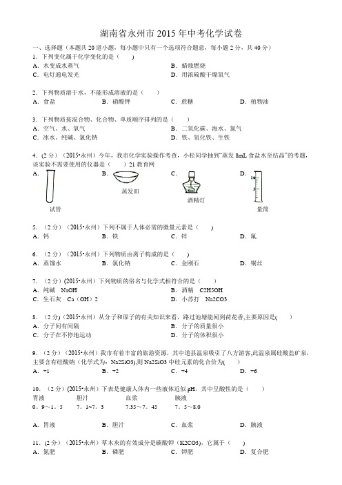 2015年永州市中考化学试题及答案(word版)