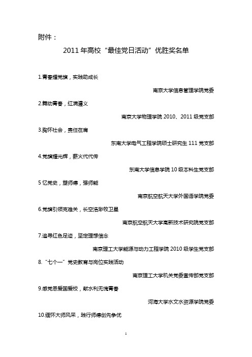 2011年高校“最佳党日活动”优胜奖名单