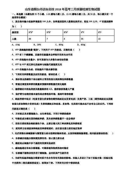 山东省烟台市达标名校2018年高考三月质量检测生物试题含解析