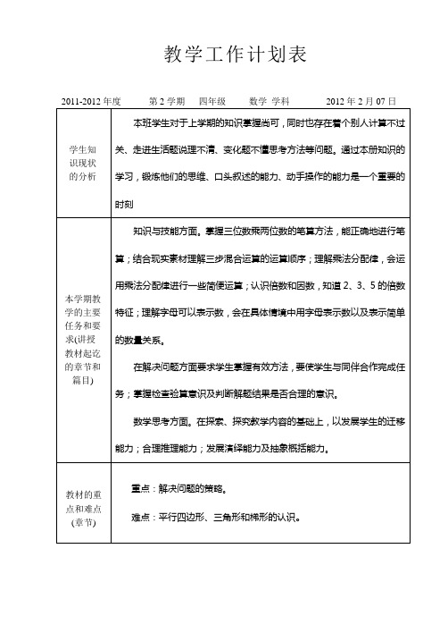 四年级数学工作计划表2011