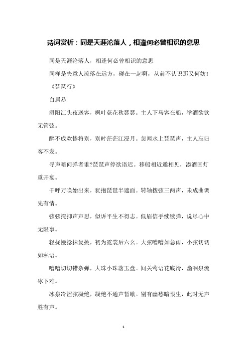 诗词赏析：同是天涯沦落人,相逢何必曾相识的意思