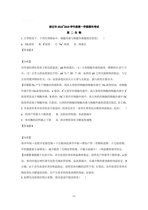 江苏省宿迁市2018-2019学年高二上学期期末考试生物试题含详解
