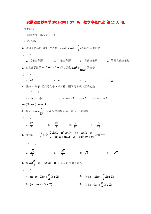安徽省舒城中学高一数学寒假作业 第12天 理