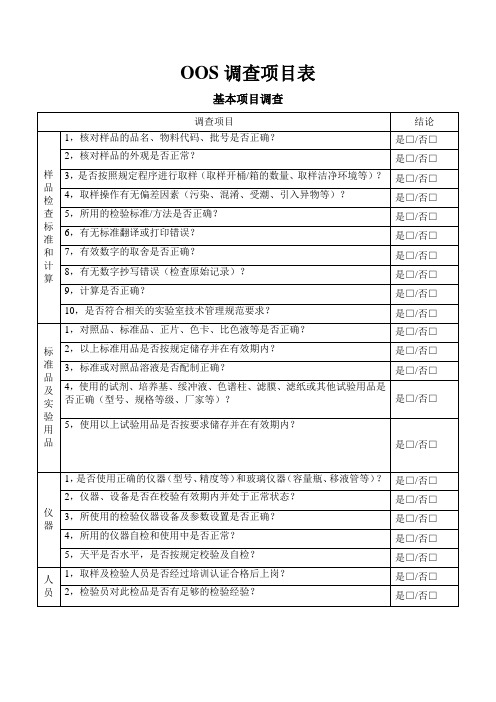 OOS调查项目表