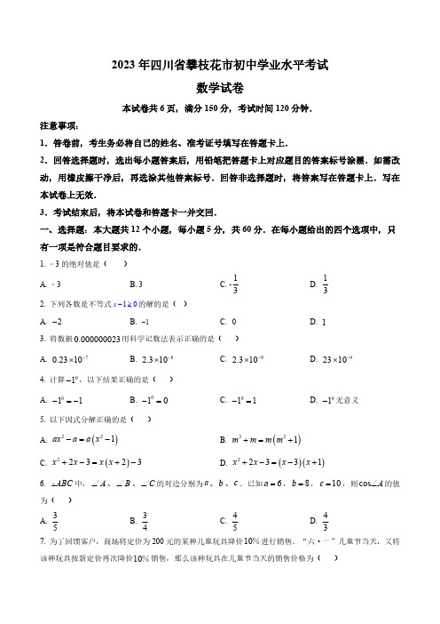 2023年四川省攀枝花市中考数学真题卷(含答案与解析)_7867