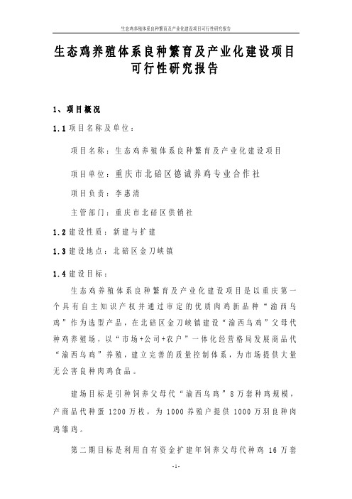 生态鸡养殖体系良种繁育及产业化项目可行性分析报告