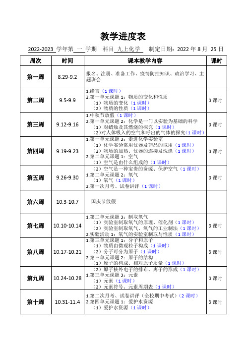 最新人教版 化学九年级上册教学进度计划(20周计划)2022年秋