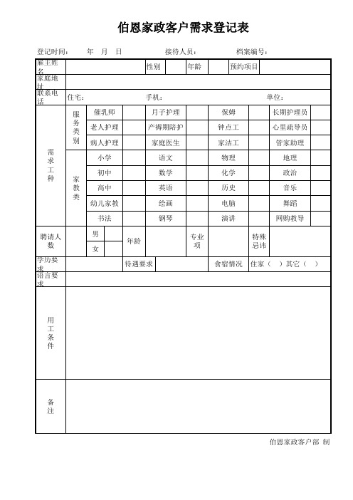 家政客户需求信息登记表及花名册