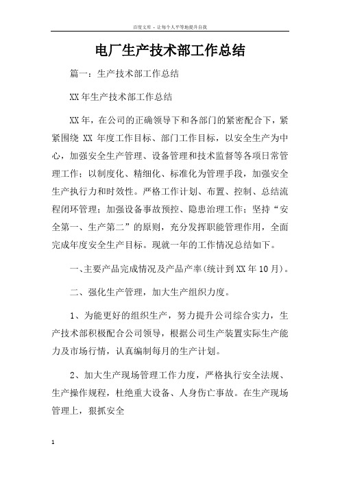 电厂生产技术部工作总结