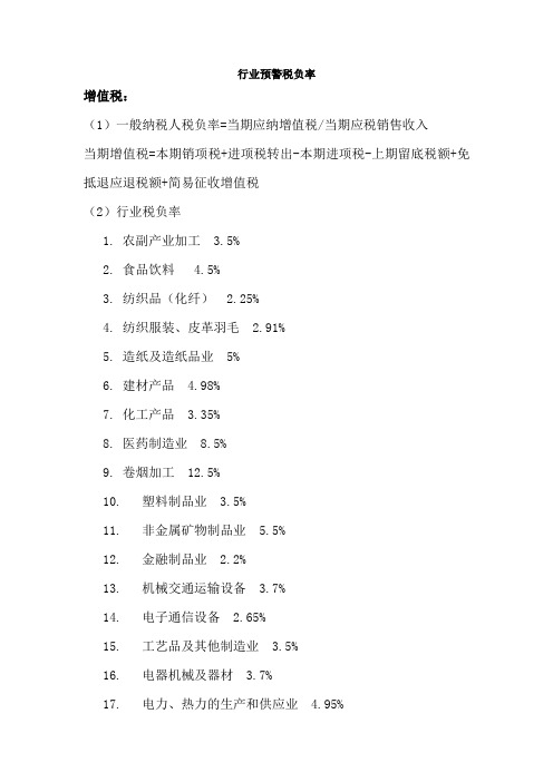 行业预警税负率(增值税、企业所得税)