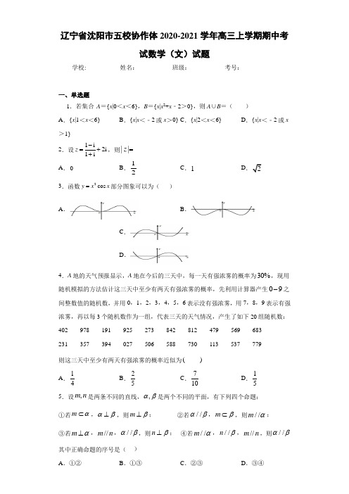 辽宁省沈阳市五校协作体2020-2021学年高三上学期期中考试数学(文)试题