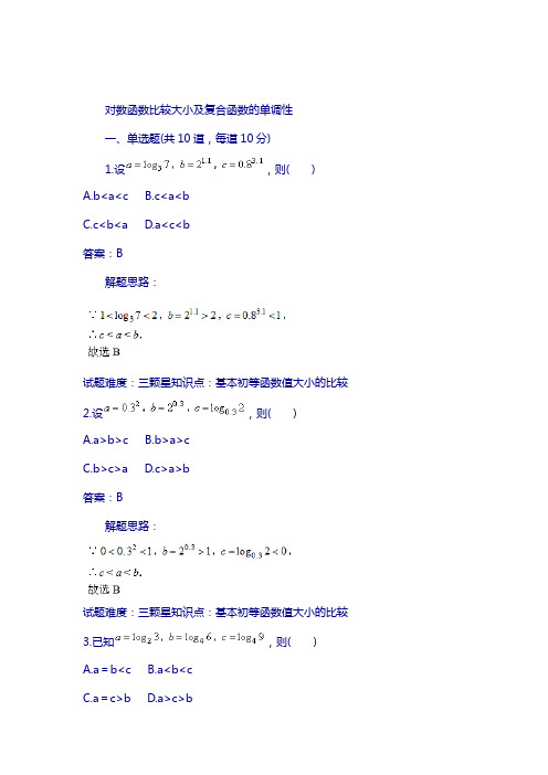 人教a版高一数学必修1：第3章对数函数比较大小及复合函数的单调性 含答案