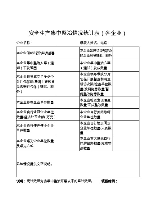 安全生产集中整治情况统计表(各企业)