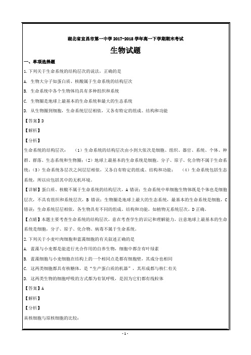 湖北省宜昌市第一中学2017-2018学年高一下学期期末考试生物---精校解析 Word版