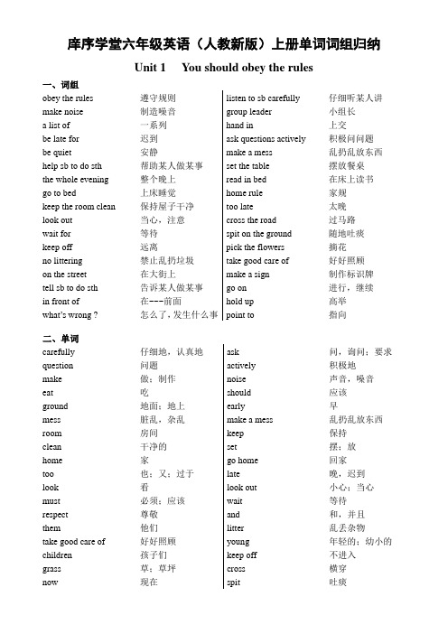 人教新版六年级英语上册Unit 1   You should obey the rules 单词词组总结