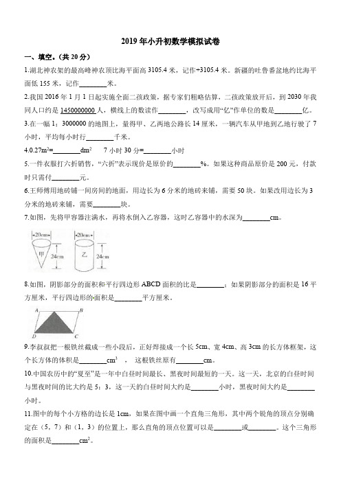 2019年小升初模拟试卷 人教新课标(2014秋)(含解析)