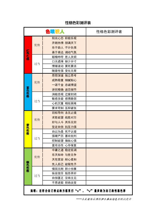 性格色彩测评表