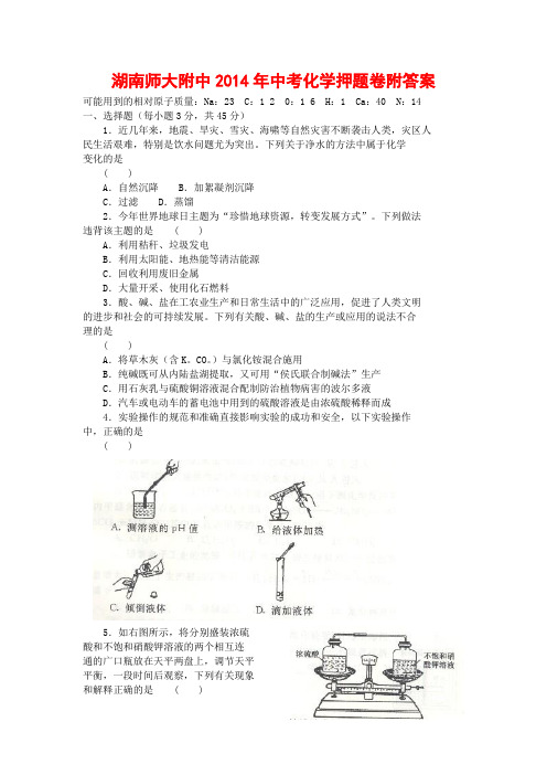 湖南师大附中2014年中考化学押题卷附答案