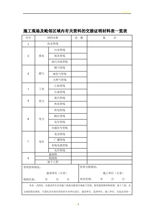 施工现场及毗邻区域内有关资料的交接证明材料表一览表