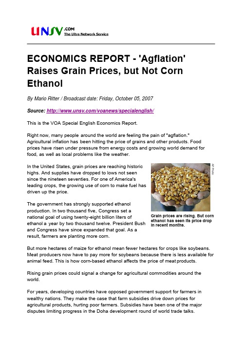ECONOMICS REPORT - 'Agflation' Raises Grain Prices, but Not Corn Ethanol