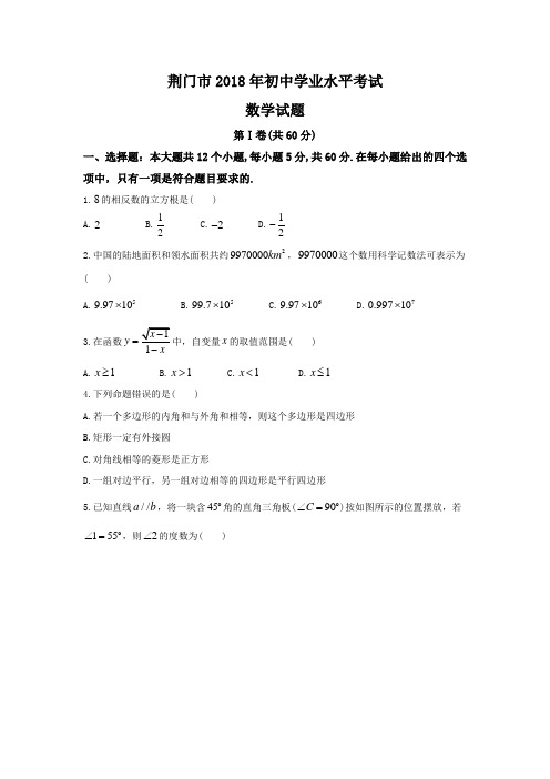 2018年湖北省荆门市初中学业水平考试及参考答案