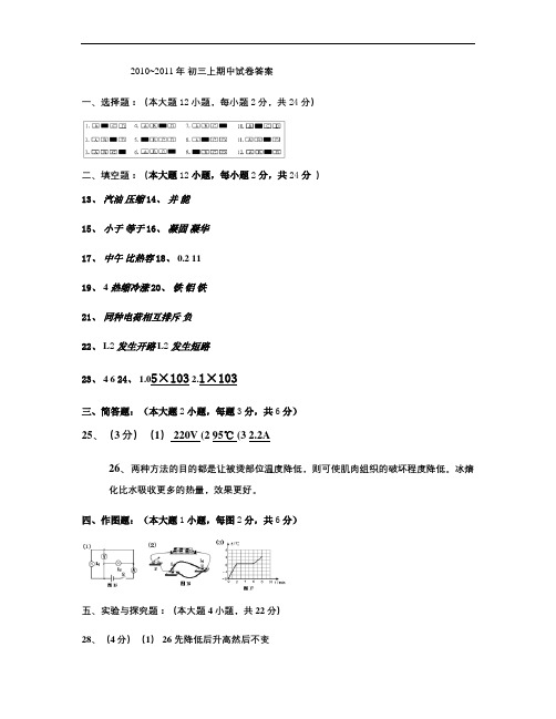 厦门一中2010―2011初三第一学期期中物理试卷答案