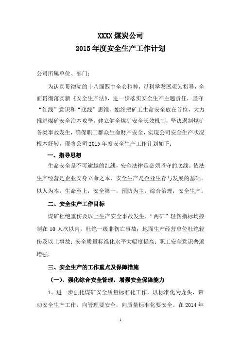 XX煤炭公司2015年安全生产工作计划