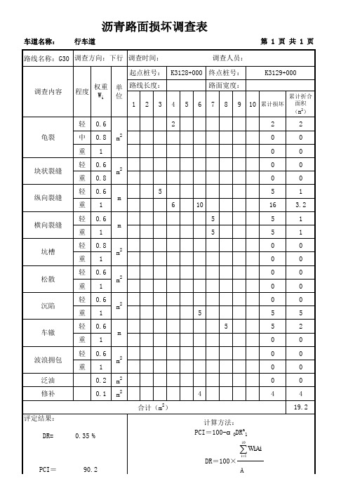 规范附表自动计算沥青路面损坏PCI调查评定表