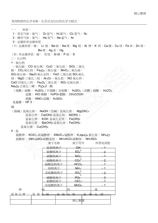 常用物质的化学名称及化学式