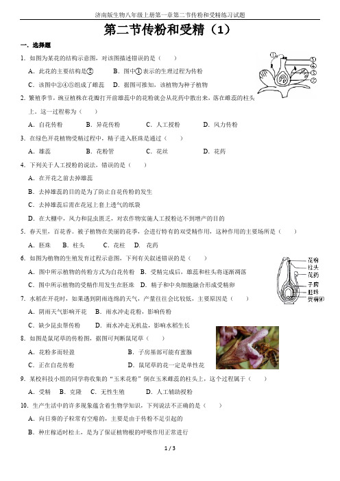 济南版生物八年级上册第一章第二节传粉和受精练习试题