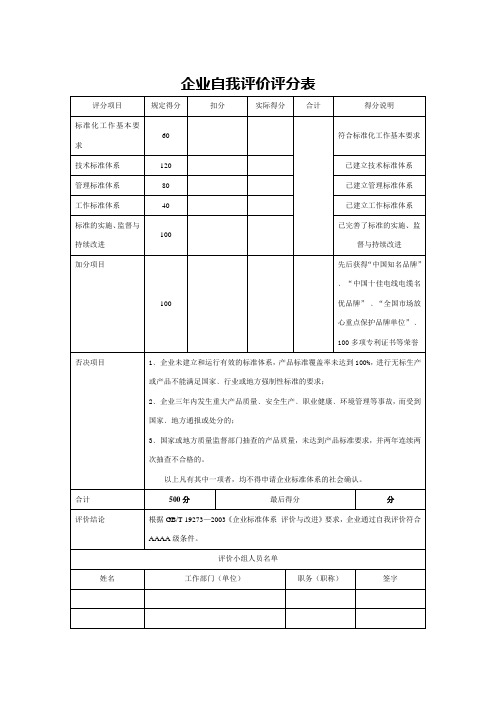 自我评价评分表