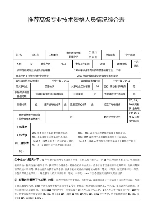 推荐高级专业技术资格人员情况综合表