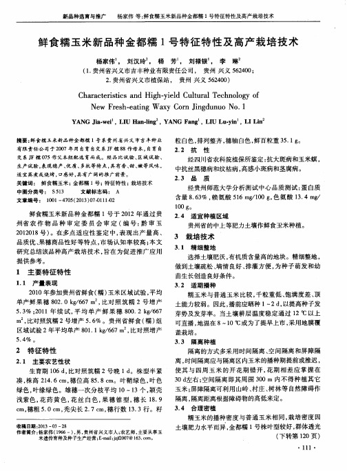 鲜食糯玉米新品种金都糯1号特征特性及高产栽培技术