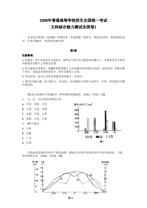 2006年高考试题与答案(全国卷1文综)