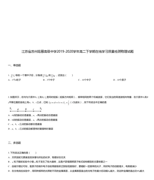 江苏省苏州陆慕高级中学2019-2020学年高二下学期在线学习质量检测物理试题